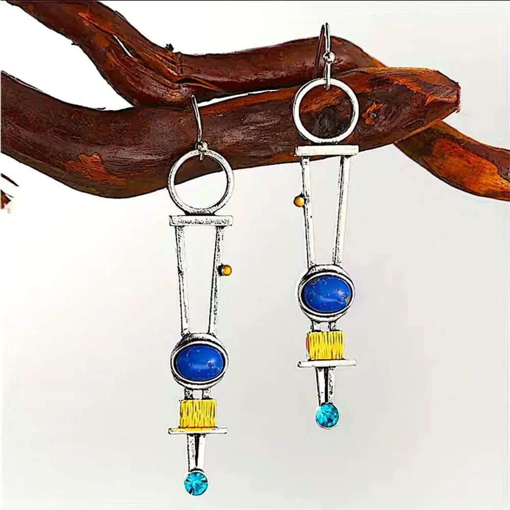 Silver Vintage Handmade Geometric Boho Abstract Dangle Handmade Earrings - Picture 2 of 6